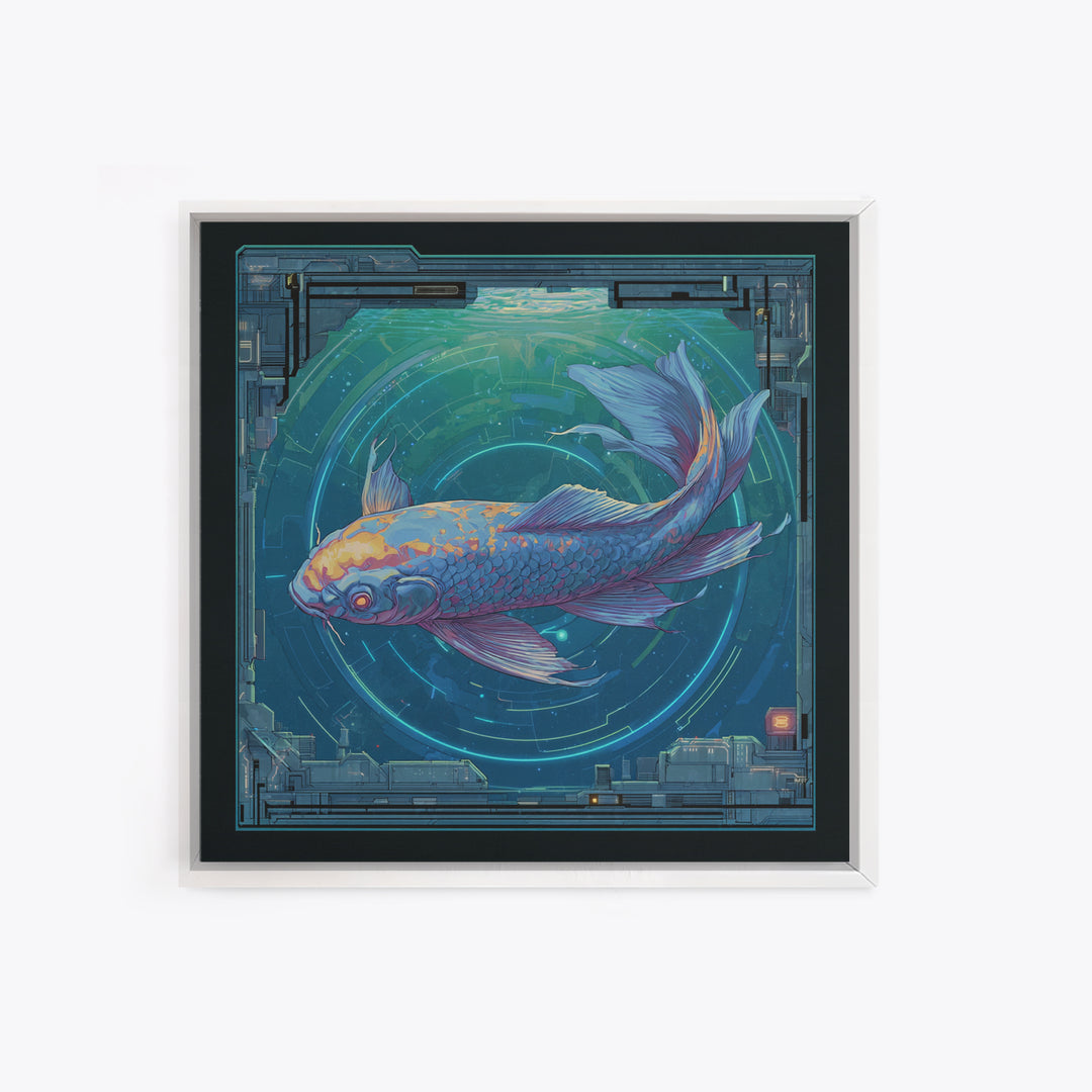 Cyberpunk Koi Swimming Through Electric Blue Water Canvas Print, Cyberpunk Art, Textured Painting, Living Room Decor, Neon, CYB-1x1-29
