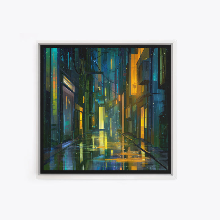 Rain Soaked Alley Framed Canvas Print, Cyberpunk Art, Gallery Decor, Living Room Decor, Fine Art, Neon, Wall Art, Home Decor, CYB-1x1-32