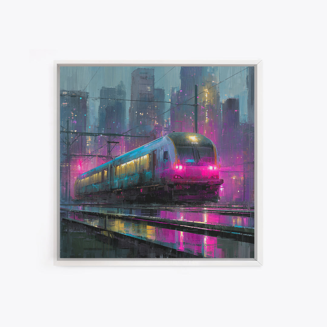 City Train Rushing Through Pink Electric Haze Framed Canvas Print, Cyberpunk Art, Boho Decor, Living Room Decor, Oil Painting, CYB-1x1-37