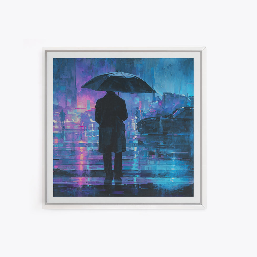 Glowing Umbrella Figure Framed Canvas Print, Cyberpunk Art, Cyberpunk Decor, Living Room Decor, Fine Art, Neon, Modern Decor, CYB-1x1-39