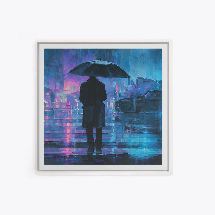 Glowing Umbrella Figure Framed Canvas Print, Cyberpunk Art, Cyberpunk Decor, Living Room Decor, Fine Art, Neon, Modern Decor, CYB-1x1-39