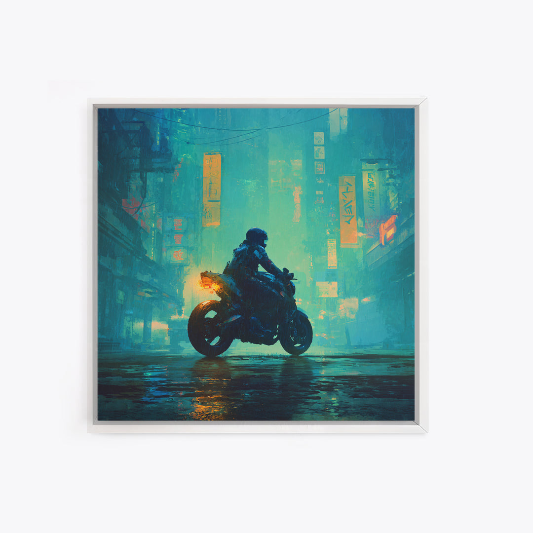 Motorcycle Rider under Holographic Signs Canvas Print, Cyberpunk Art, Home Decor, Living Room Decor, Neon, Japanese Wall Art, CYB-1x1-4