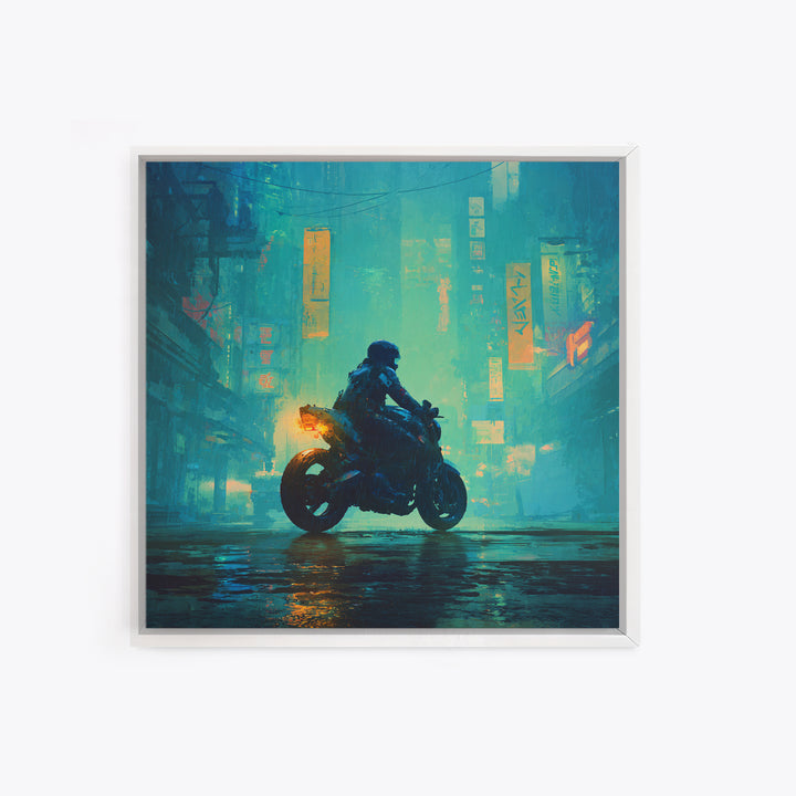 Motorcycle Rider under Holographic Signs Canvas Print, Cyberpunk Art, Home Decor, Living Room Decor, Neon, Japanese Wall Art, CYB-1x1-4