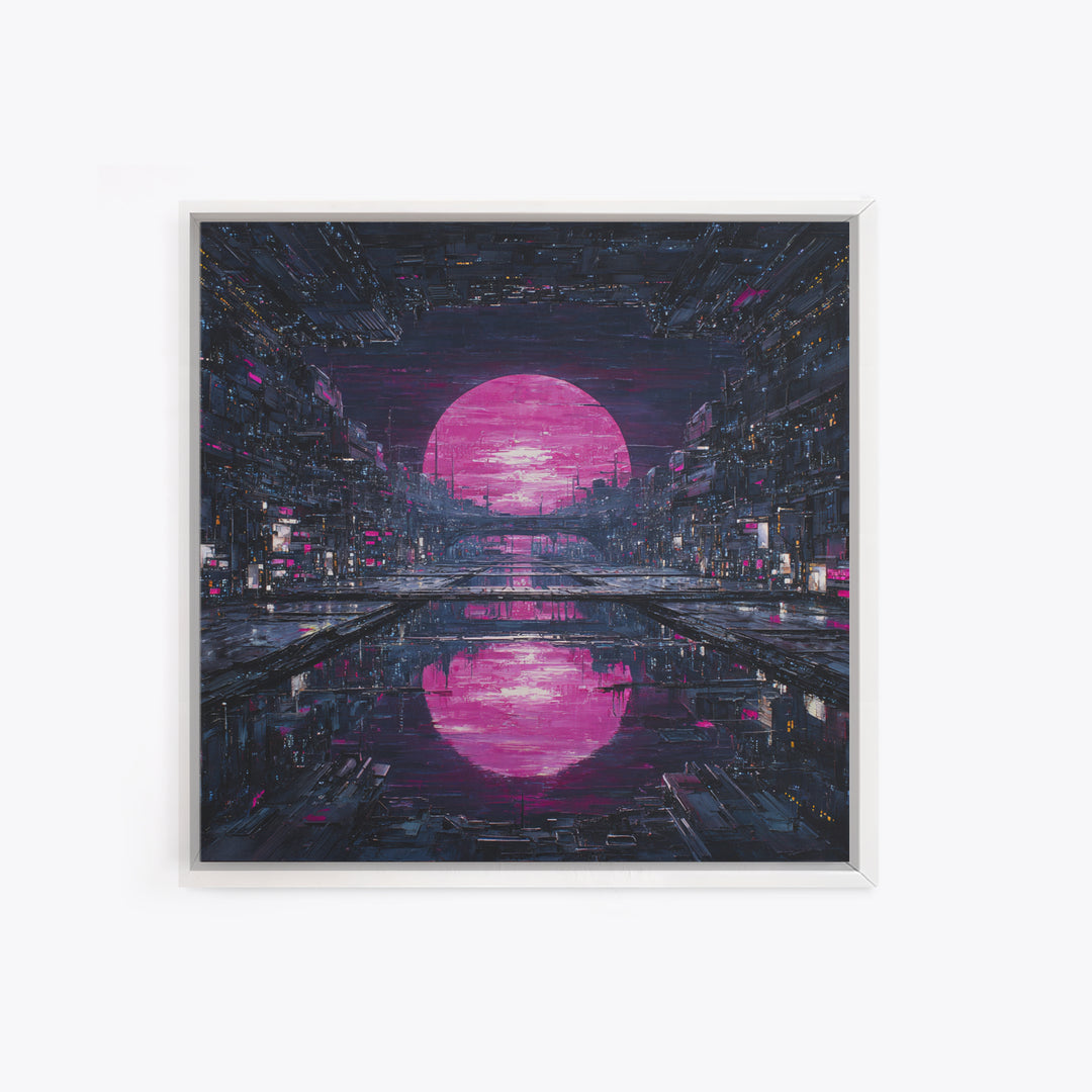 Dystopian Moon over Dense Rooftops Framed Canvas Print, Cyberpunk Art, Cyberpunk Helmet, Living Room Decor, Abstract Art, Neon, CYB-1x1-42