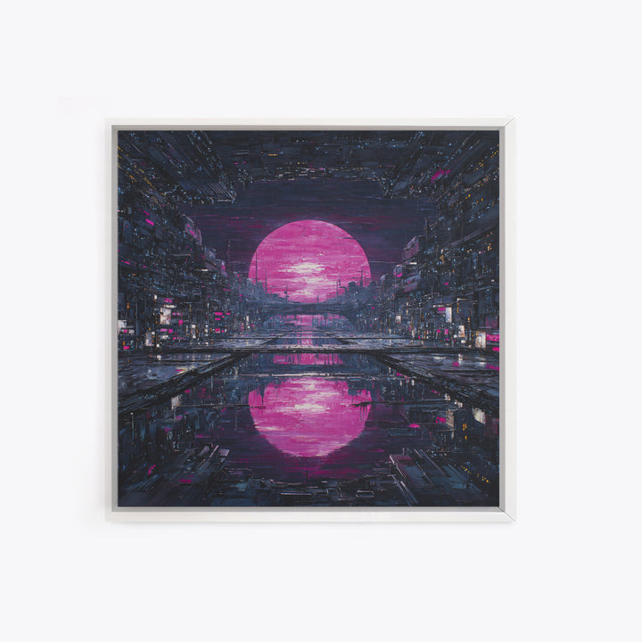 Dystopian Moon over Dense Rooftops Framed Canvas Print, Cyberpunk Art, Cyberpunk Helmet, Living Room Decor, Abstract Art, Neon, CYB-1x1-42