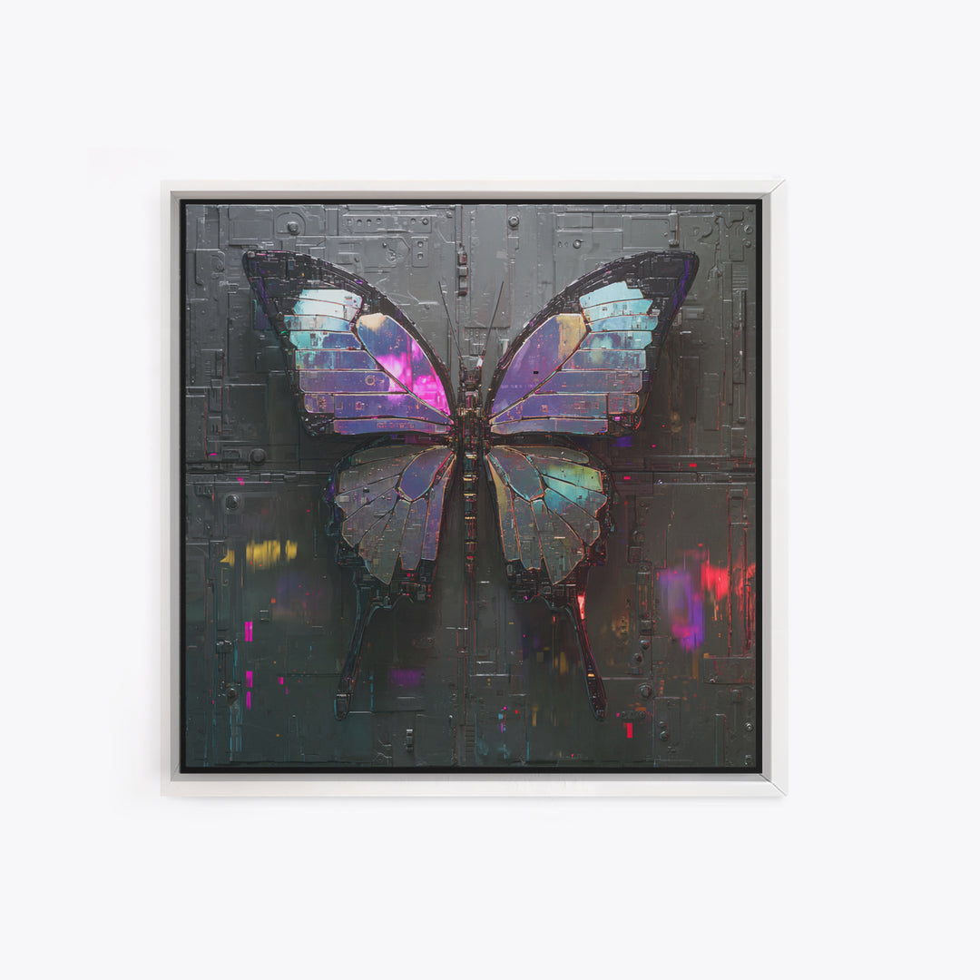 Holographic Butterfly over Black Metal Surface Framed Canvas Print, Cyberpunk Art, Man Cave Decor, Living Room Decor, Neon, CYB-1x1-43
