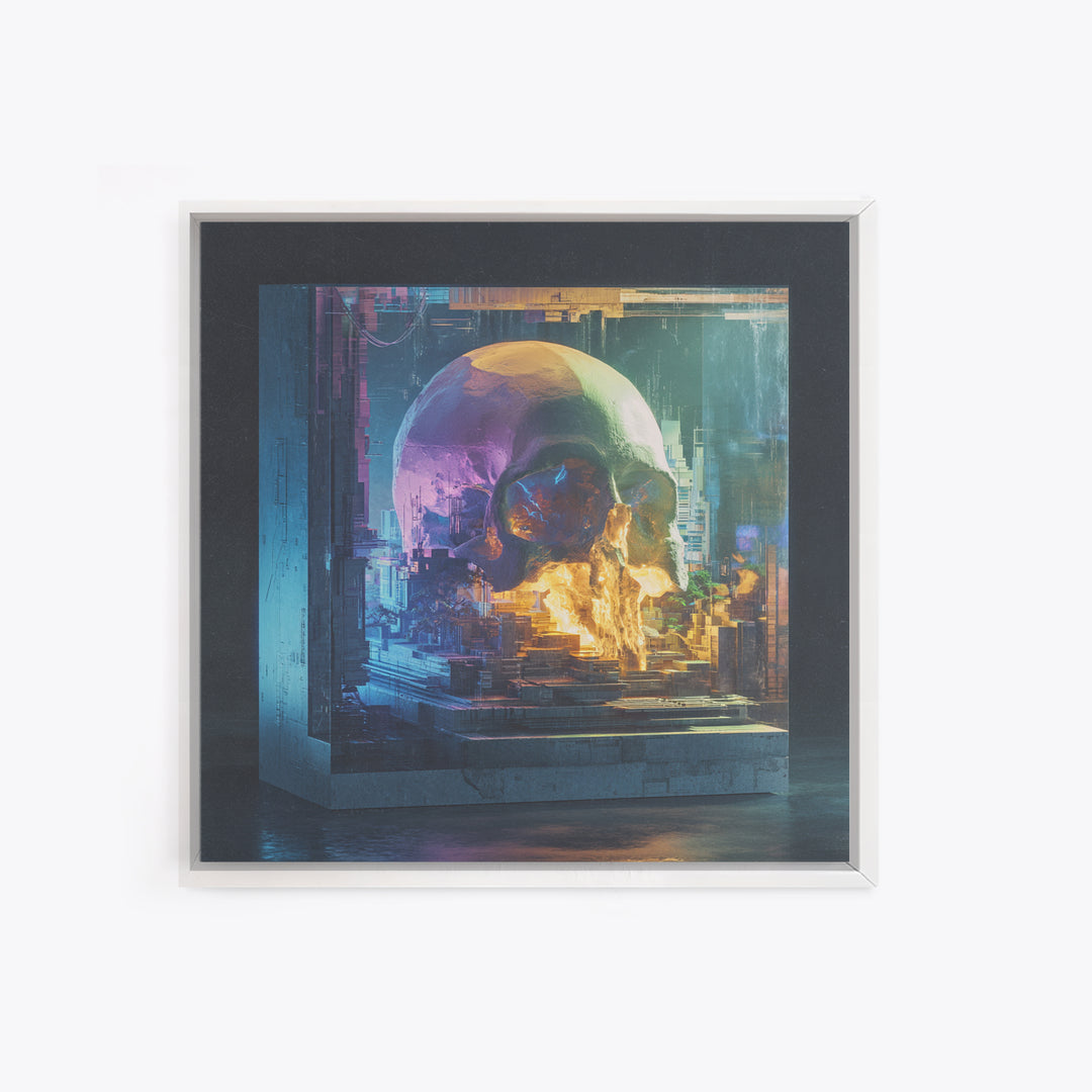 Cyberpunk Skull with Chrome and Violet Light Framed Canvas Print, Cyberpunk Art, Movie Posters, Living Room Decor, Neon, CYB-1x1-44