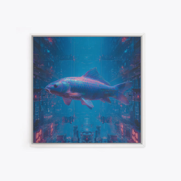 Cyberpunk Koi Swimming Through Electric Blue Water Canvas Print, Cyberpunk Art, Fine Art Print, Living Room Decor, Neon, CYB-1x1-5
