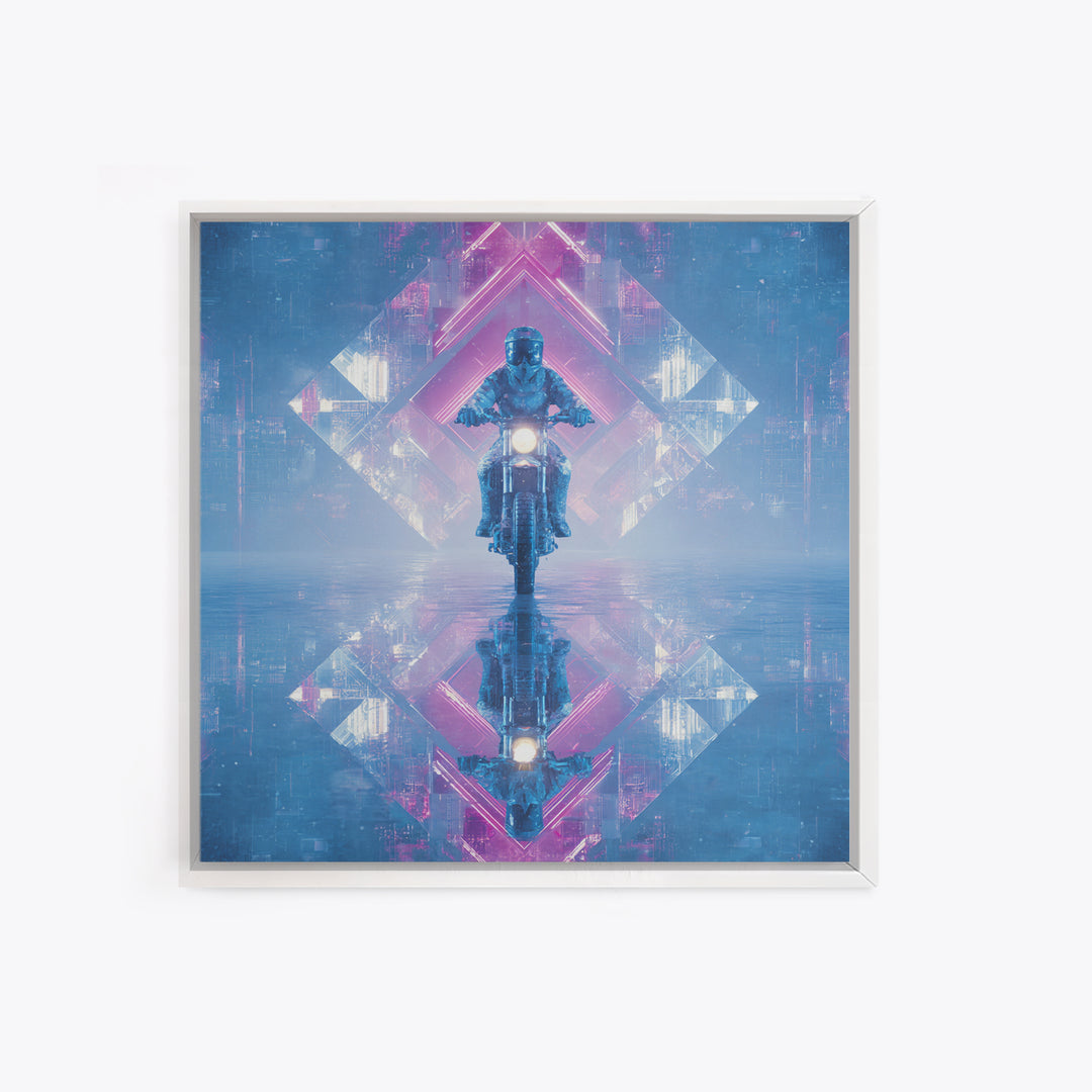 Motorcycle Rider under Holographic Signs Framed Canvas Print, Cyberpunk Art, Cool Wall Art, Living Room Decor, Fine Art, Neon, CYB-1x1-52