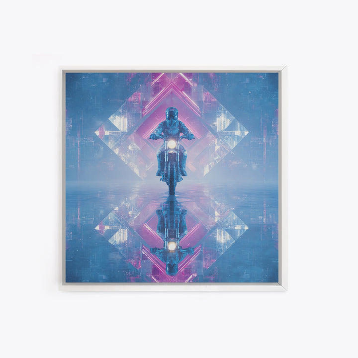 Motorcycle Rider under Holographic Signs Framed Canvas Print, Cyberpunk Art, Cool Wall Art, Living Room Decor, Fine Art, Neon, CYB-1x1-52