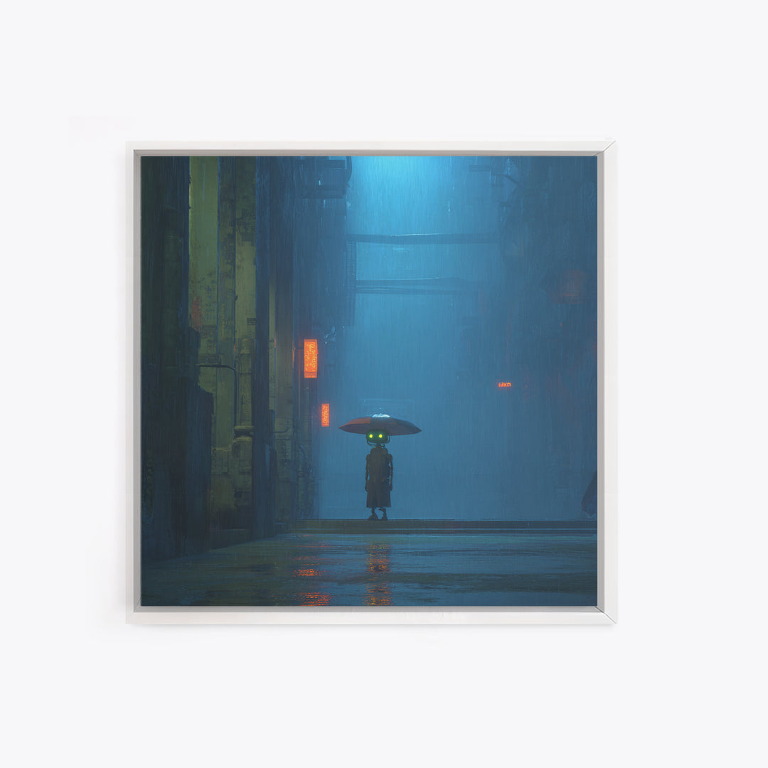Glowing Umbrella Figure Framed Canvas Print, Cyberpunk Art, Neutral Decor, Living Room Decor, Fine Art, Neon, Home Decor, CYB-1x1-63