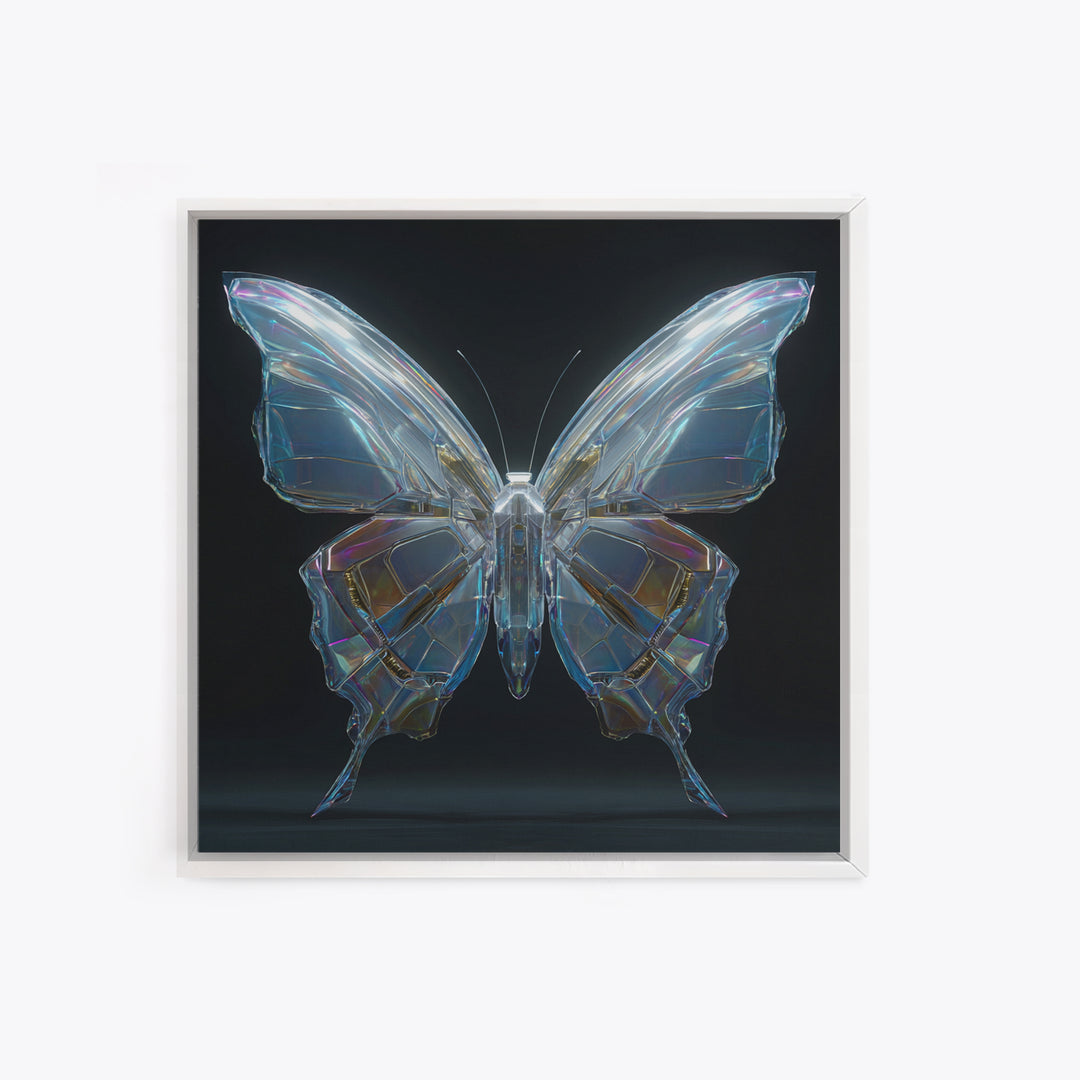Holographic Butterfly over Black Metal Surface Framed Canvas Print, Cyberpunk Art, Modern Decor, Living Room Decor, Neon, CYB-1x1-67