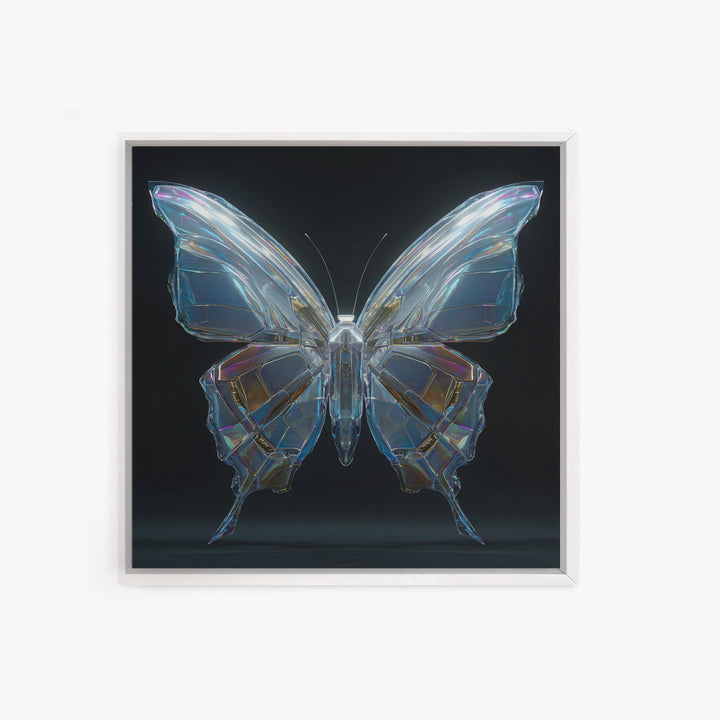 Holographic Butterfly over Black Metal Surface Framed Canvas Print, Cyberpunk Art, Modern Decor, Living Room Decor, Neon, CYB-1x1-67