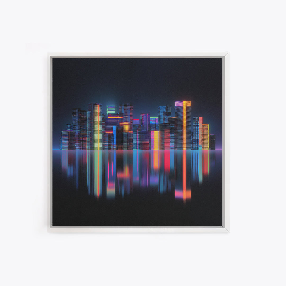 Neon Skyline Reflected Framed Canvas Print, Cyberpunk Art, Minimalist Poster, Living Room Decor, Fine Art, Neon, CYB-1x1-70