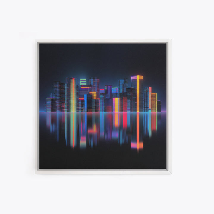 Neon Skyline Reflected Framed Canvas Print, Cyberpunk Art, Minimalist Poster, Living Room Decor, Fine Art, Neon, CYB-1x1-70