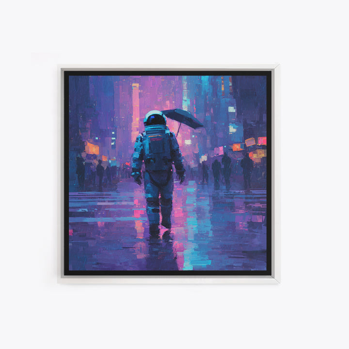 Astronaut Street Wanderer Framed Canvas Print, Cyberpunk Art, Cyberpunk Tarot, Living Room Decor, Fine Art, Neon, CYB-1x1-71