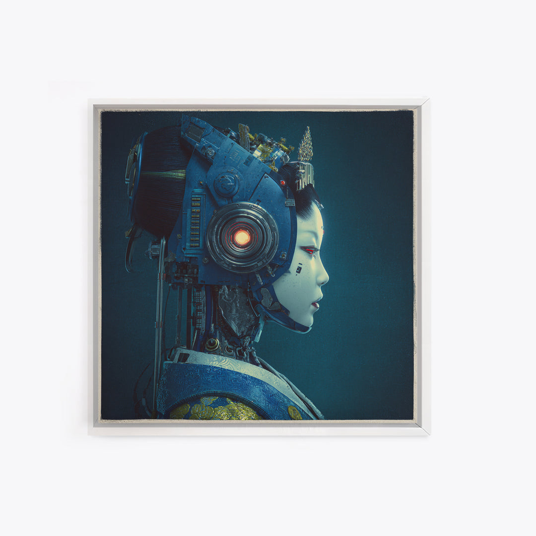 Robot Geisha Portrait Framed Canvas Print, Cyberpunk Art, Boho Decor, Living Room Decor, Fine Art, Neon, Art Print, Digital Art, CYB-1x1-79