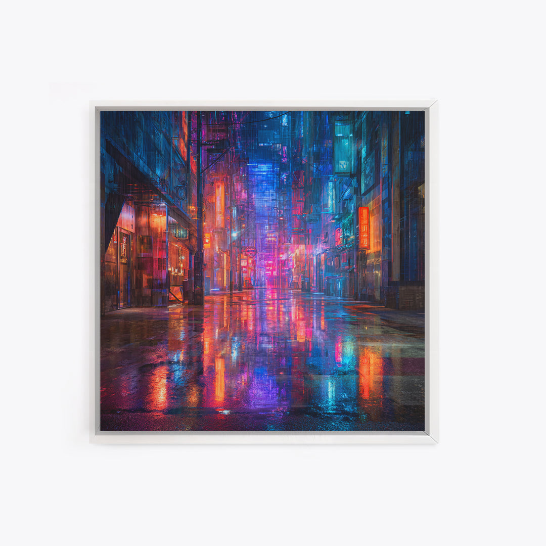 Rain Soaked Alley Framed Canvas Print, Cyberpunk Art, Cyberpunk 2077, Living Room Decor, Fine Art, Neon, Cyberpunk Decor, CYB-1x1-8