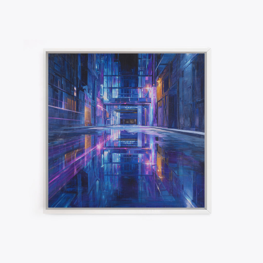 Rain Soaked Alley Framed Canvas Print, Cyberpunk Art, Fine Art Print, Living Room Decor, Abstract Art, Neon, Wall Decor, CYB-1x1-80