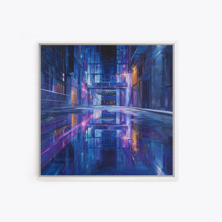 Rain Soaked Alley Framed Canvas Print, Cyberpunk Art, Fine Art Print, Living Room Decor, Abstract Art, Neon, Wall Decor, CYB-1x1-80