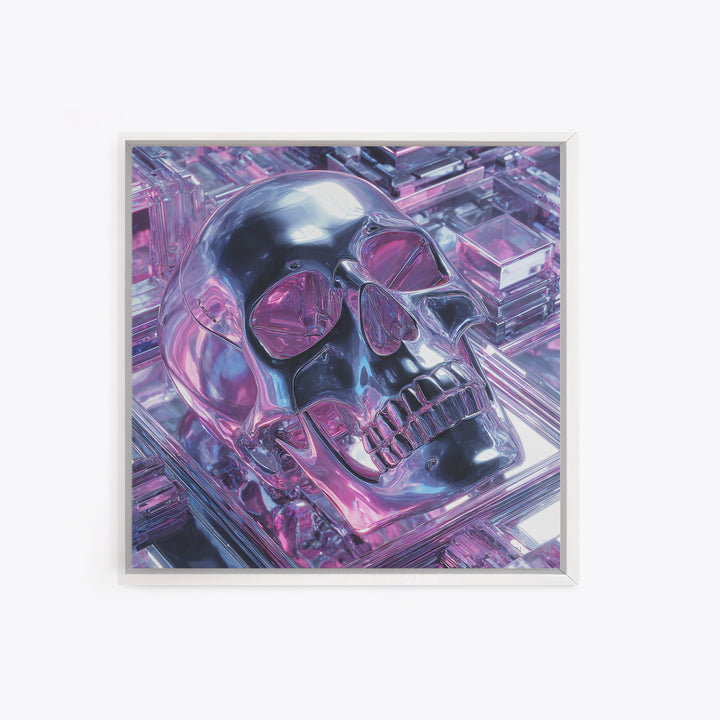 Cyberpunk Skull with Chrome and Violet Light Canvas Print, Cyberpunk Art, Cyberpunk Tarot, Living Room Decor, Fine Art, Neon, CYB-1x1-92