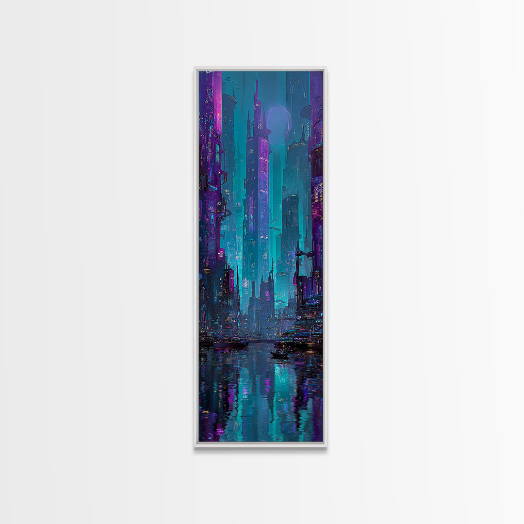 Futuristic City Skyline Canvas Print, Cyberpunk Art, Gallery Decor, Living Room Decor, Fine Art, Neon, Wall Art, Home Decor, CYB-1x3-14