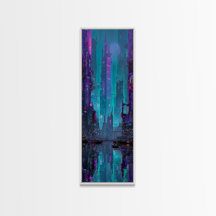 Futuristic City Skyline Canvas Print, Cyberpunk Art, Gallery Decor, Living Room Decor, Fine Art, Neon, Wall Art, Home Decor, CYB-1x3-14