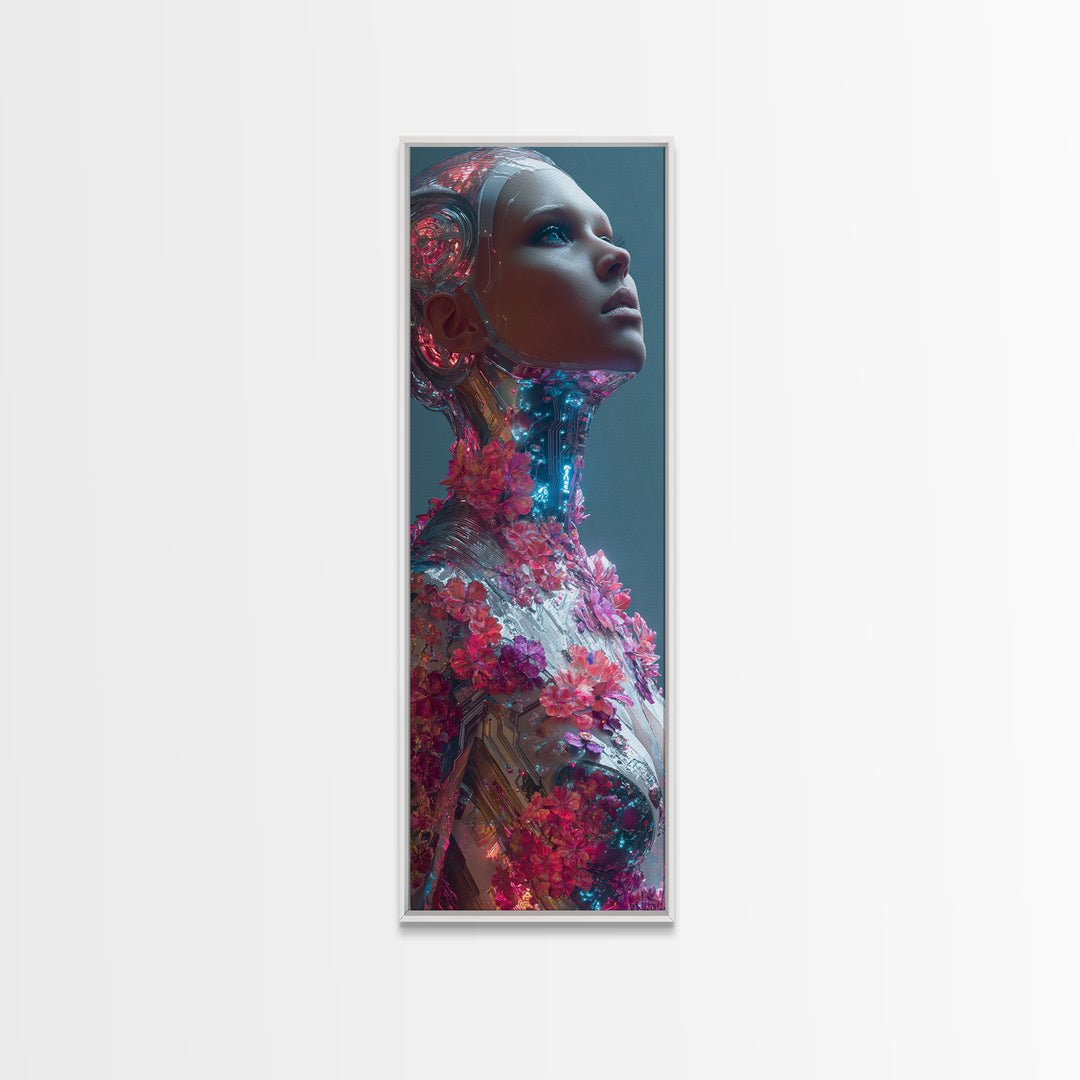Android Woman with Glowing Circuitry and Flowers Framed Canvas Print, Cyberpunk Art, Canvas Wall Art, Living Room Decor, Neon, CYB-1x3-15