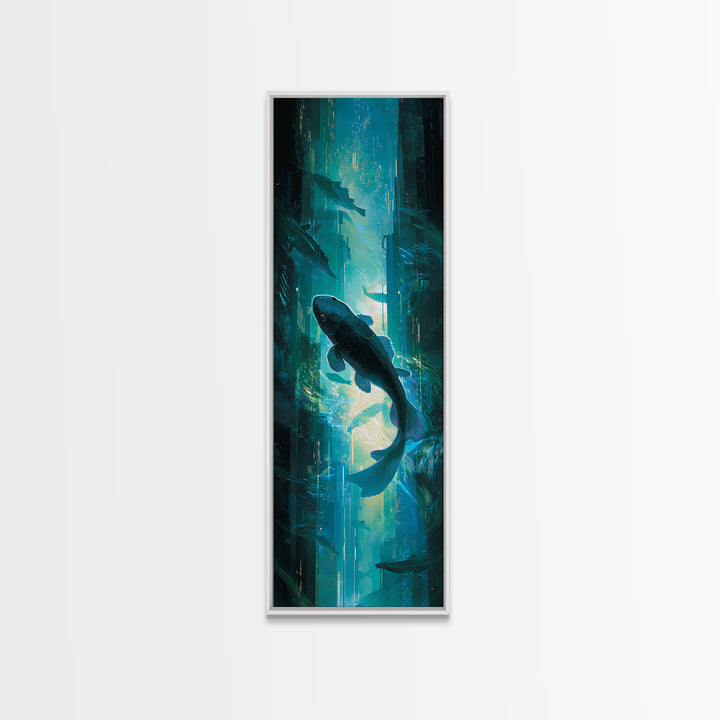 Cyberpunk Koi Swimming Through Electric Blue Water Canvas Print, Cyberpunk Art, Poster, Living Room Decor, Fine Art, Neon, CYB-1x3-17