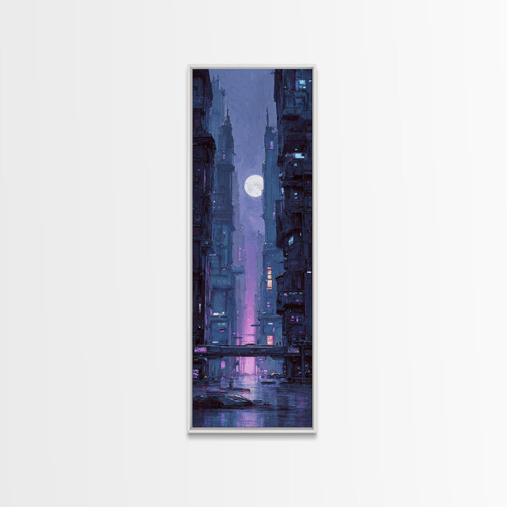 Dystopian Moon over Dense Rooftops Framed Canvas Print, Cyberpunk Art, Fantasy Art, Living Room Decor, Oil Painting, Neon, CYB-1x3-30