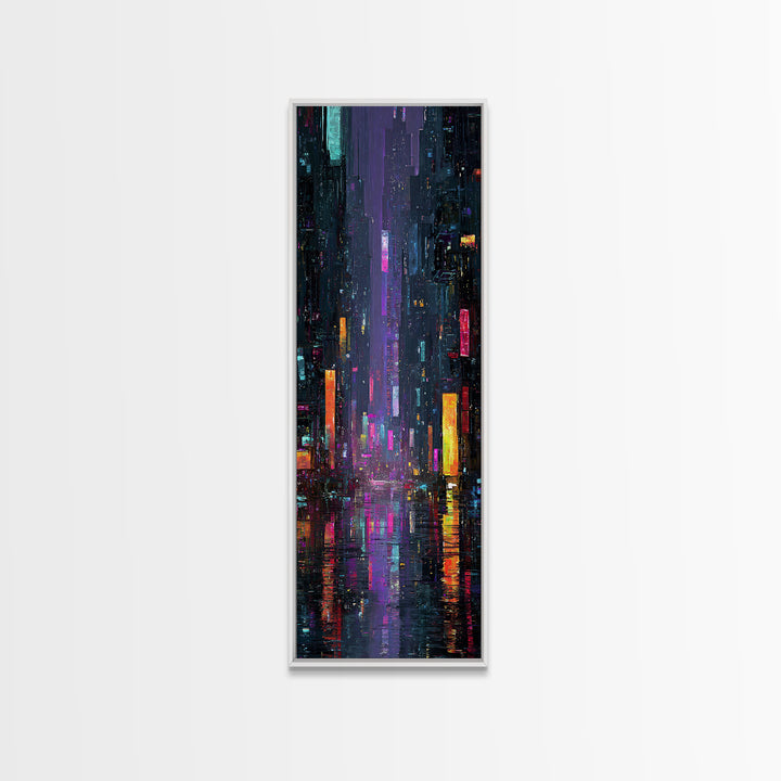 Neon Skyline Reflected Framed Canvas Print, Cyberpunk Art, Modern Wall Decor, Living Room Decor, Abstract Art, Neon, CYB-1x3-34