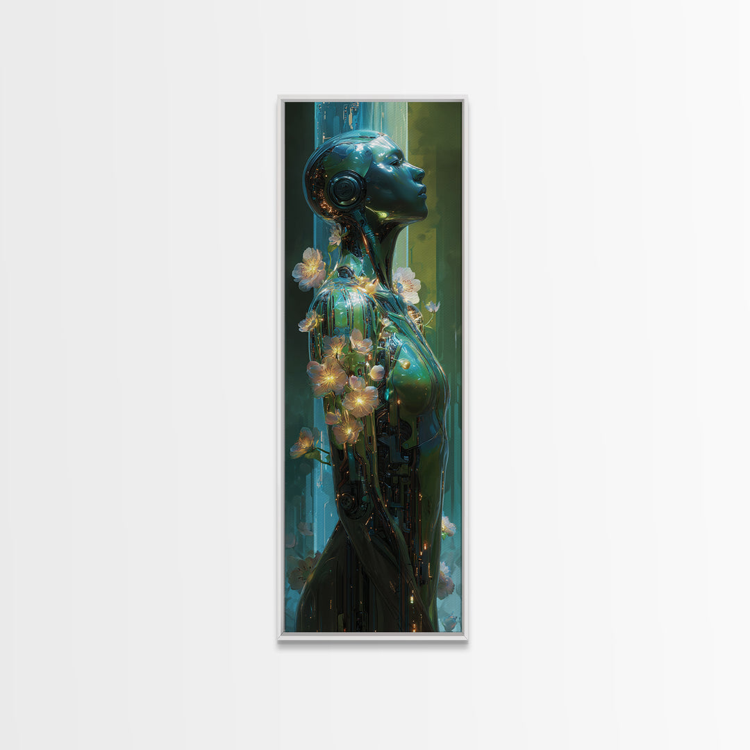 Android Woman with Glowing Circuitry and Flowers Canvas Print, Cyberpunk Art, Blue Wall Art, Living Room Decor, Oil Painting, CYB-1x3-39
