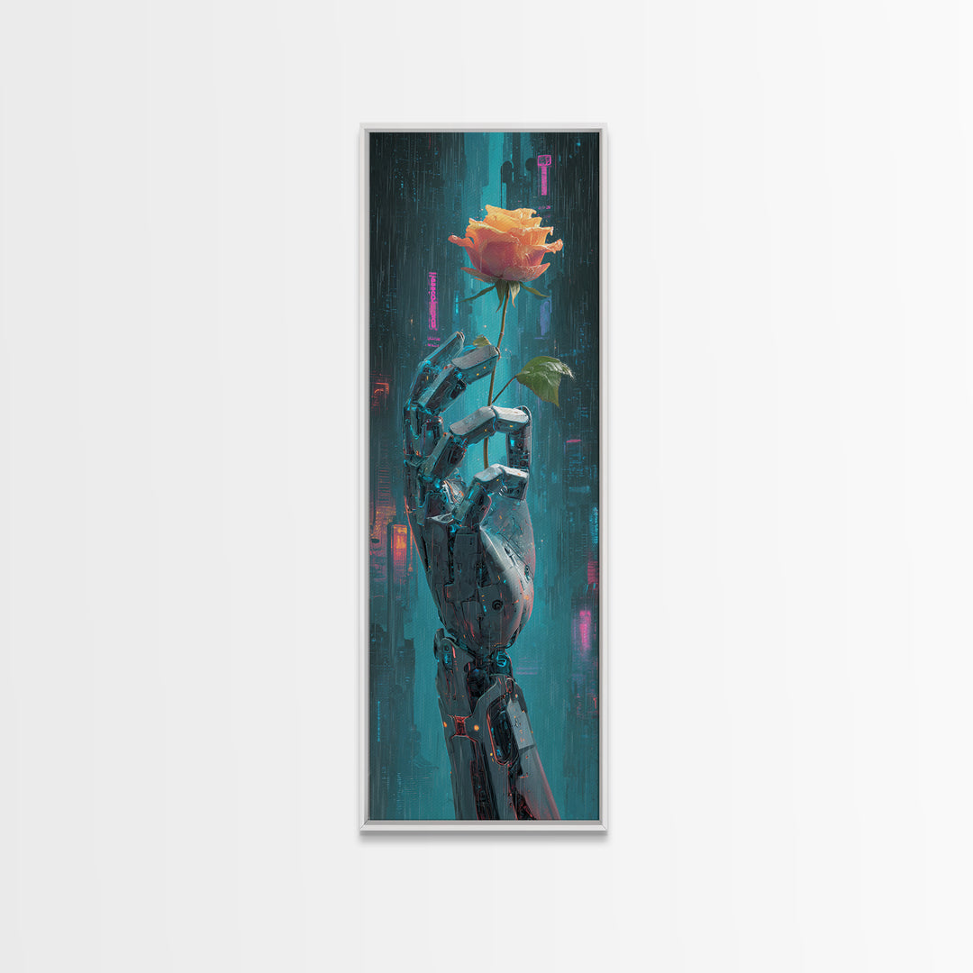 Robotic Hand Holding a Real Rose Framed Canvas Print, Cyberpunk Art, Minimalist Decor, Living Room Decor, Fine Art, Neon, CYB-1x3-4