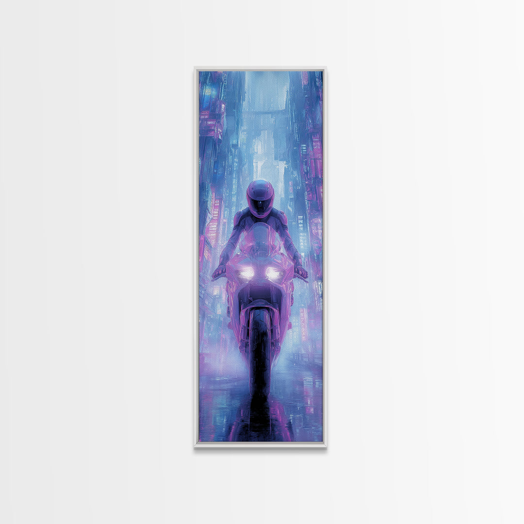 Motorcycle Rider under Holographic Signs Canvas Print, Cyberpunk Art, Abstract Art, Living Room Decor, Fine Art, Neon, CYB-1x3-40