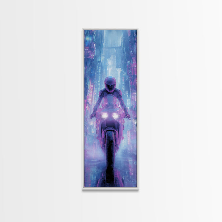 Motorcycle Rider under Holographic Signs Canvas Print, Cyberpunk Art, Abstract Art, Living Room Decor, Fine Art, Neon, CYB-1x3-40