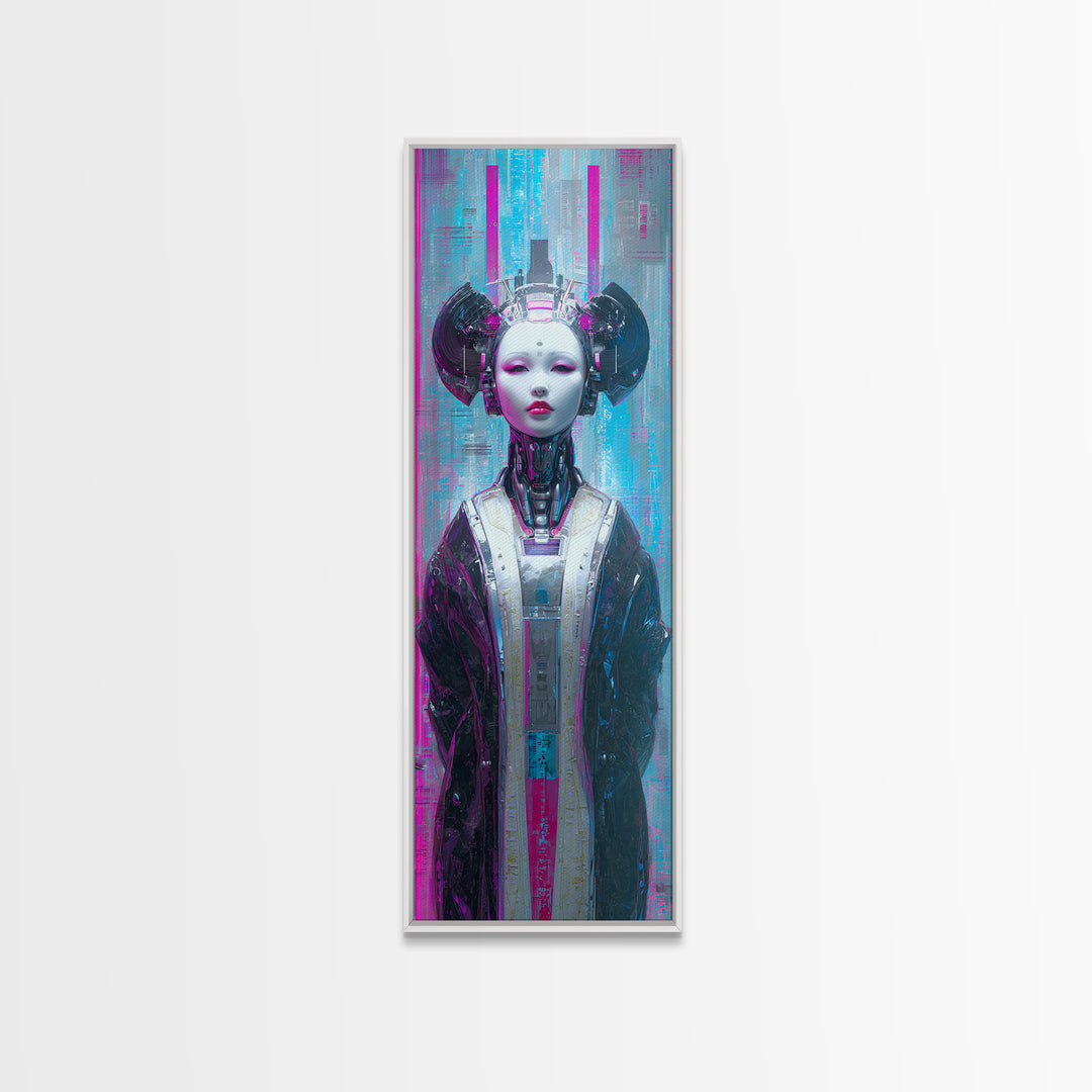 Robot Geisha Portrait Canvas Print, Cyberpunk Art, Cool Wall Art, Living Room Decor, Neon, Gallery Decor, Neutral Decor, CYB-1x3-43