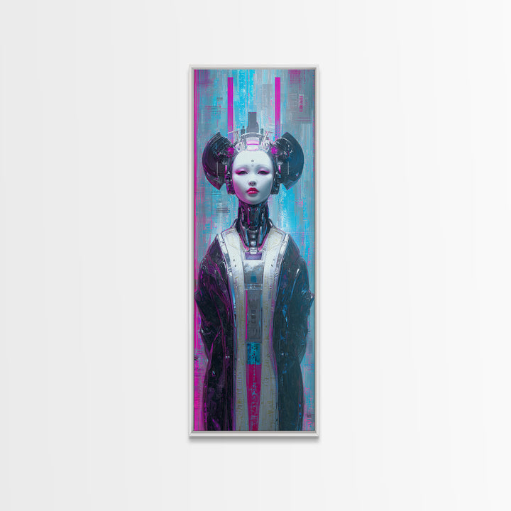Robot Geisha Portrait Canvas Print, Cyberpunk Art, Cool Wall Art, Living Room Decor, Neon, Gallery Decor, Neutral Decor, CYB-1x3-43