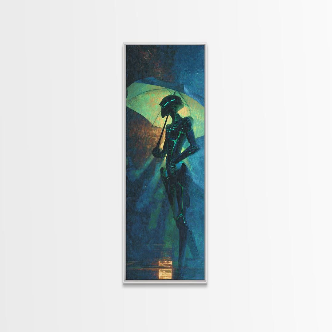 Glowing Umbrella Figure Canvas Print, Cyberpunk Art, Cyberpunk Helmet, Living Room Decor, Fine Art, Neon, Textured Painting, CYB-1x3-51