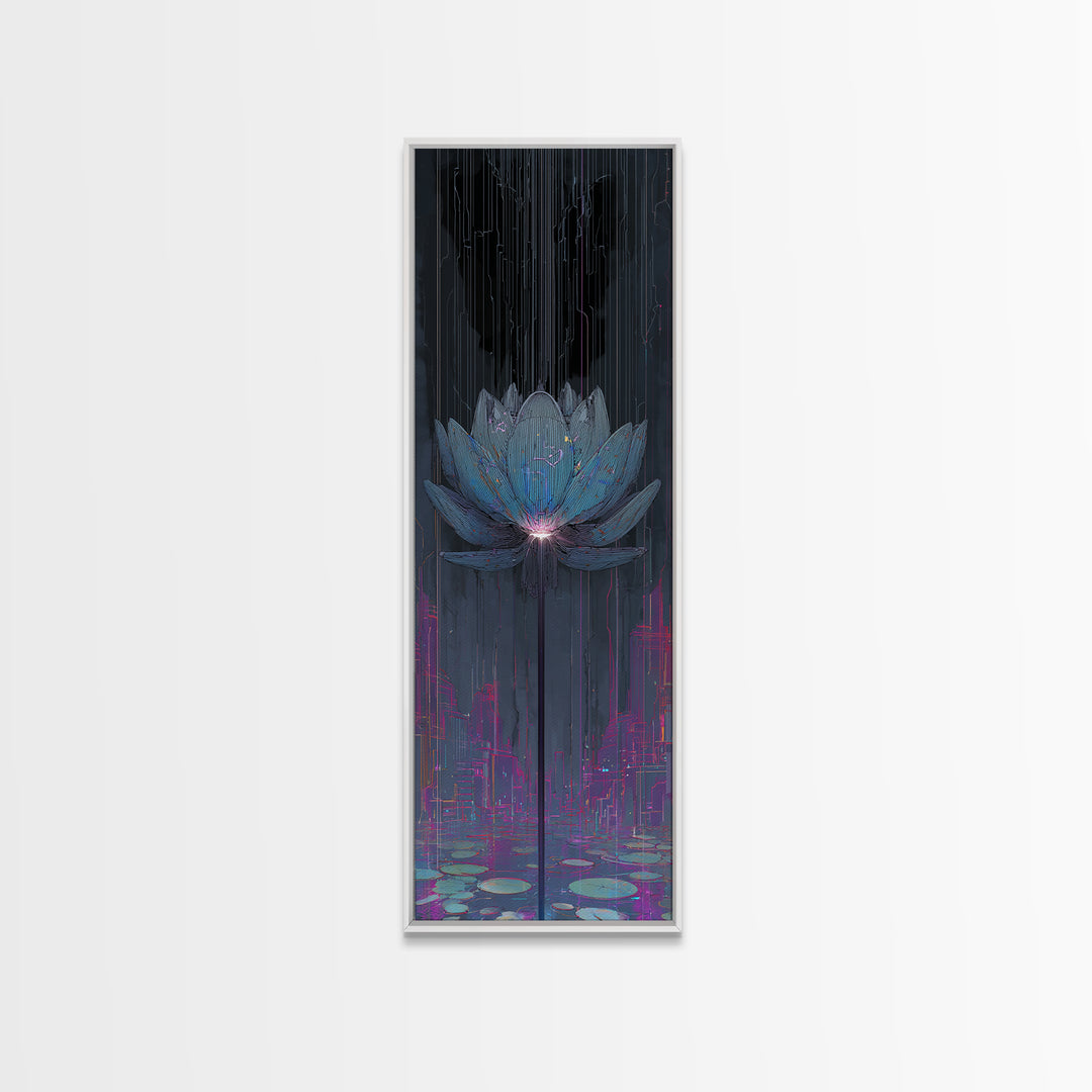 Electric Lotus Flower Framed Canvas Print, Cyberpunk Art, Textured Painting, Living Room Decor, Neon, Digital Wall Art, CYB-1x3-53