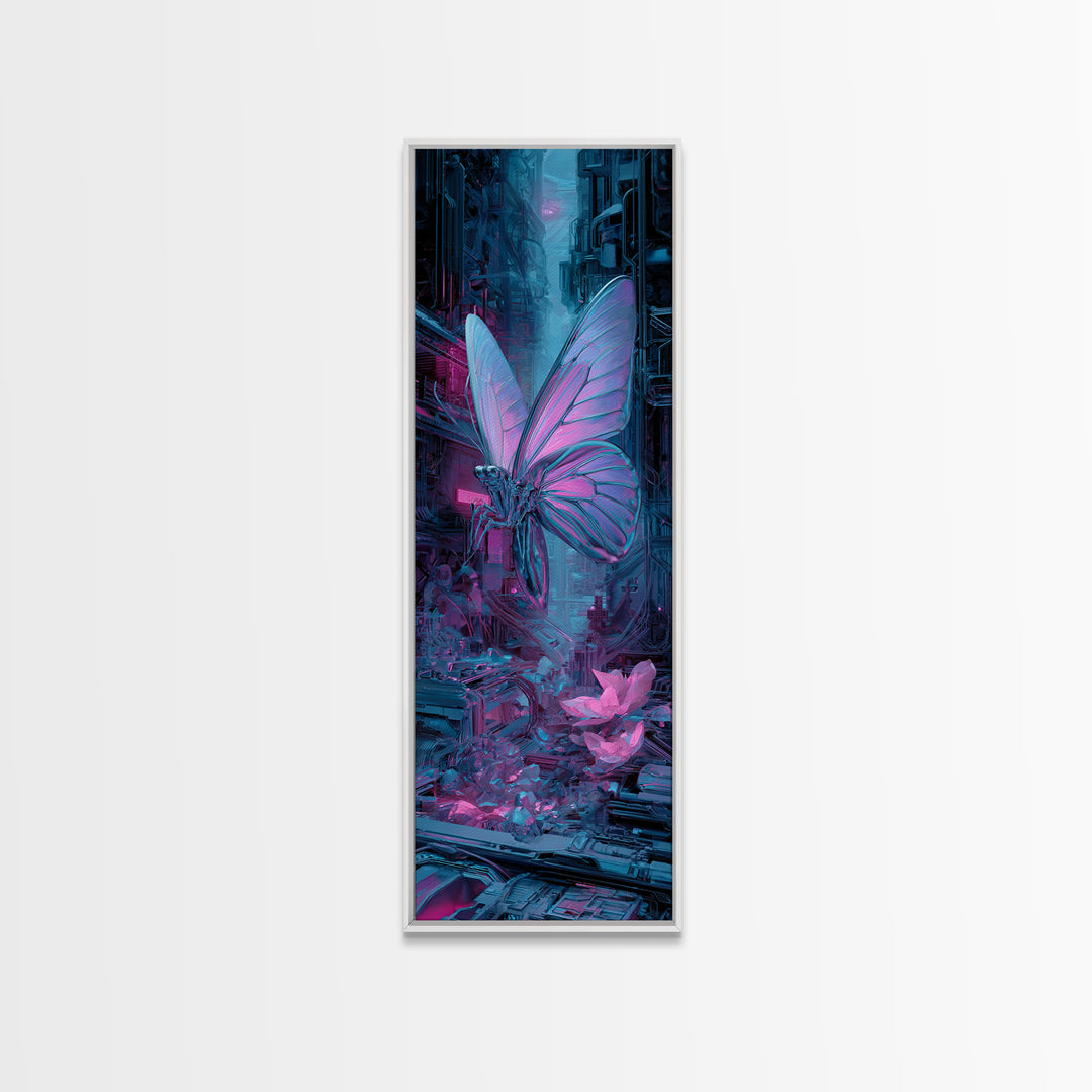 Holographic Butterfly over Black Metal Surface Canvas Print, Cyberpunk Art, Man Cave Decor, Living Room Decor, Fine Art, Neon, CYB-1x3-55