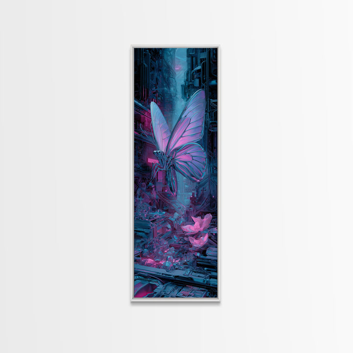 Holographic Butterfly over Black Metal Surface Canvas Print, Cyberpunk Art, Man Cave Decor, Living Room Decor, Fine Art, Neon, CYB-1x3-55