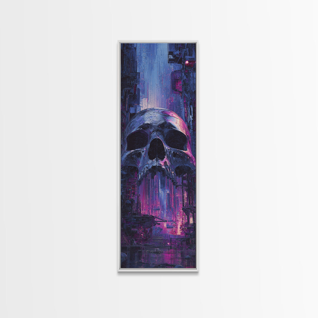 Cyberpunk Skull with Chrome and Violet Light Canvas Print, Cyberpunk Art, Modern Art, Living Room Decor, Fine Art, Neon, CYB-1x3-56