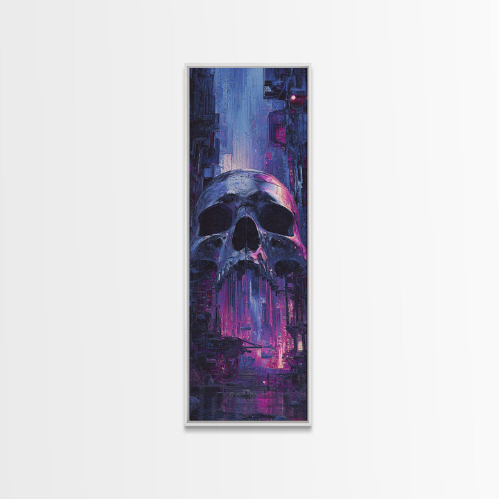Cyberpunk Skull with Chrome and Violet Light Canvas Print, Cyberpunk Art, Modern Art, Living Room Decor, Fine Art, Neon, CYB-1x3-56