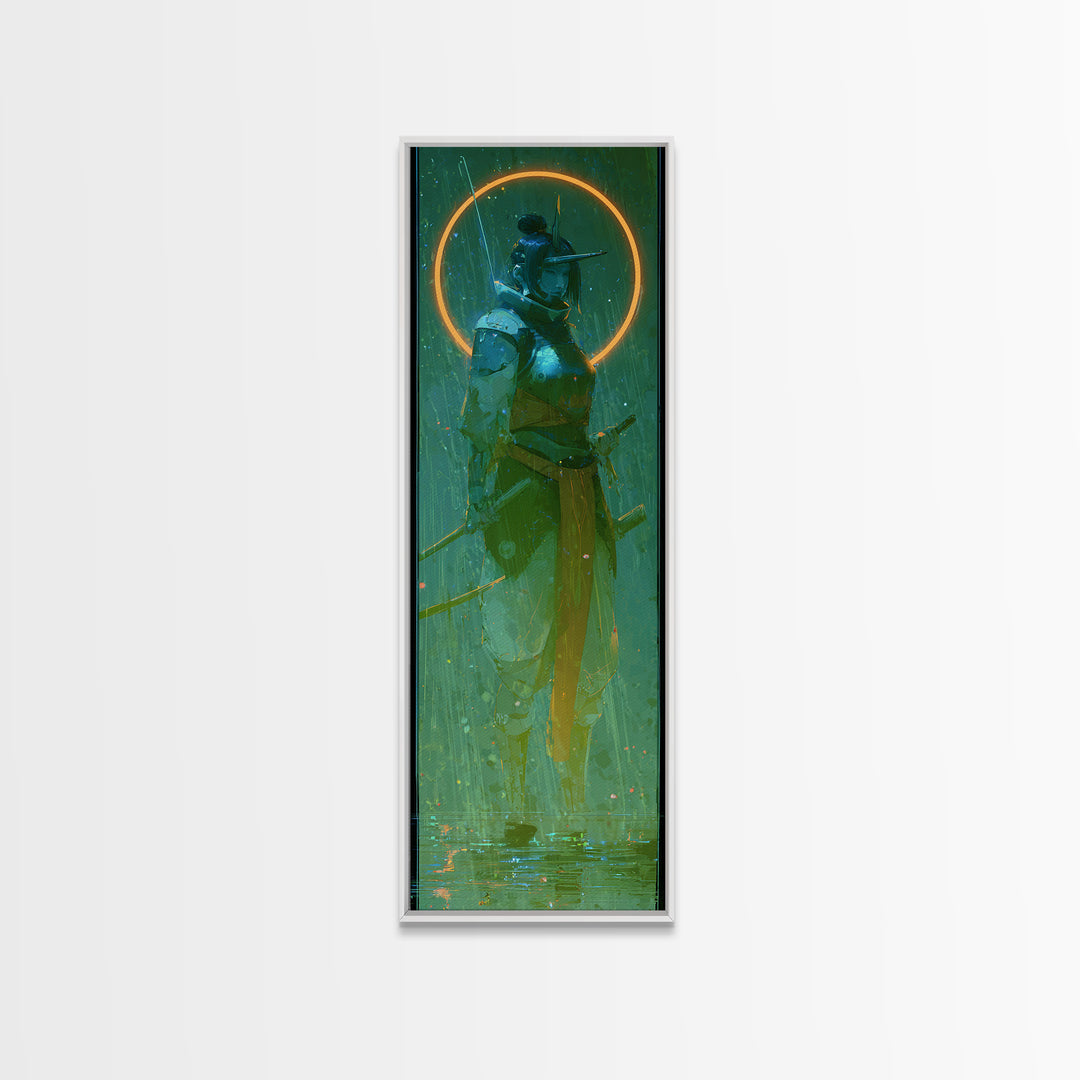 Neon Samurai Portrait Framed Canvas Print, Cyberpunk Art, Cyberpunk, Living Room Decor, Neon, Modern Art, Blue Wall Art, CYB-1x3-61
