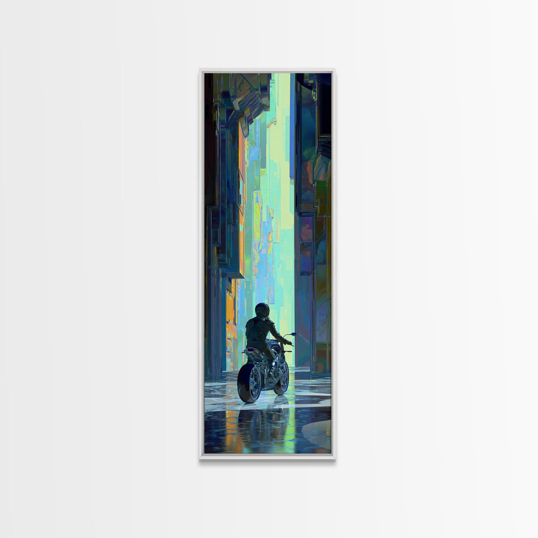 Motorcycle Rider under Holographic Signs Framed Canvas Print, Cyberpunk Art, Cool Wall Art, Living Room Decor, Fine Art, Neon, CYB-1x3-64
