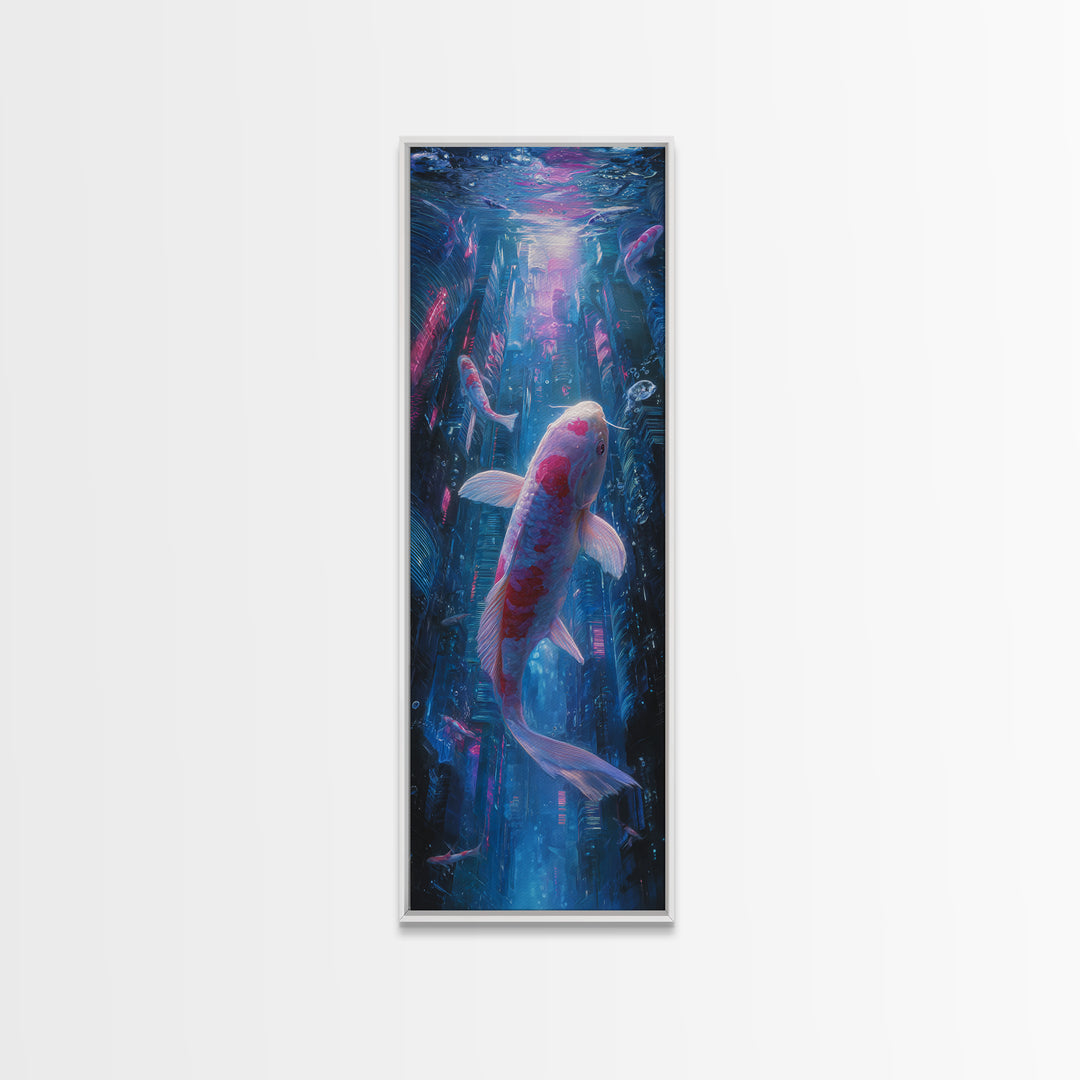 Cyberpunk Koi Swimming Through Electric Blue Water Canvas Print, Cyberpunk Art, Art Print, Living Room Decor, Fine Art, Neon, CYB-1x3-65