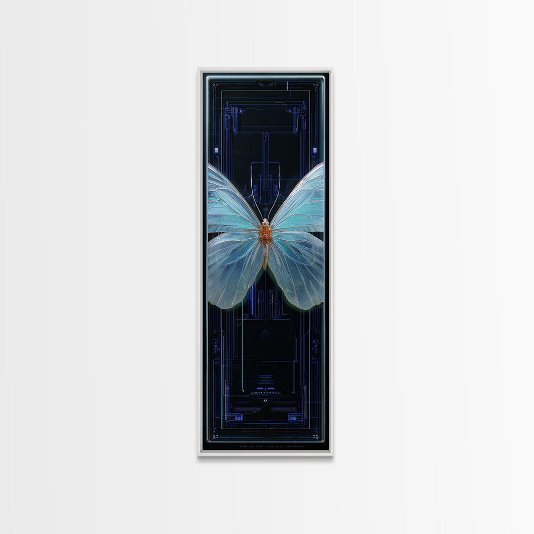 Holographic Butterfly over Black Metal Surface Canvas Print, Cyberpunk Art, Gothic Decor, Living Room Decor, Oil Painting, Neon, CYB-1x3-7