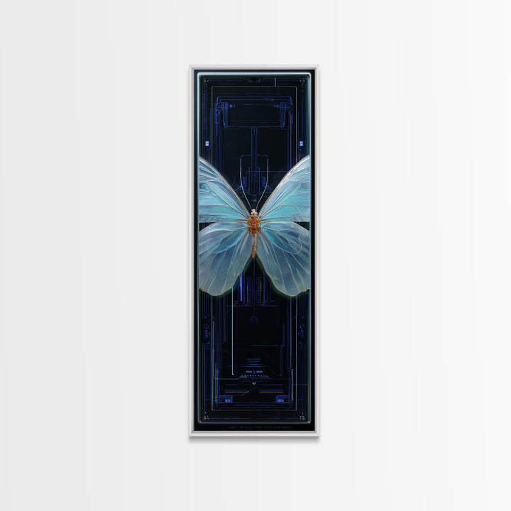 Holographic Butterfly over Black Metal Surface Canvas Print, Cyberpunk Art, Gothic Decor, Living Room Decor, Oil Painting, Neon, CYB-1x3-7