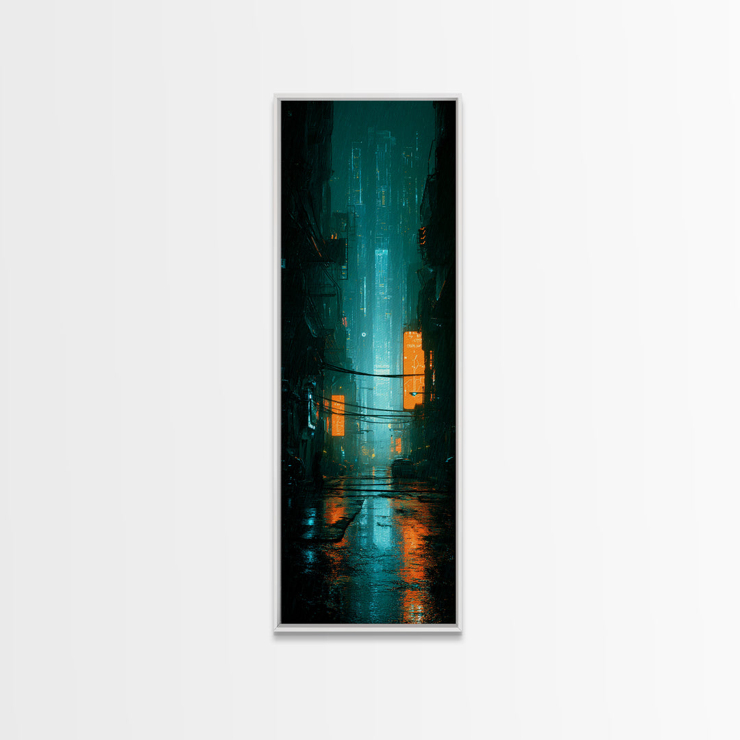 Retro Arcade Dystopia Framed Canvas Print, Cyberpunk Art, Modern Decor, Living Room Decor, Fine Art, Neon, Poster, Wall Decor, CYB-1x3-70