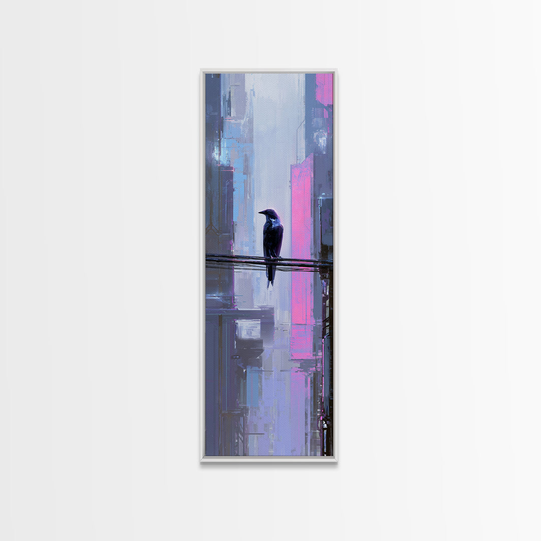 Cybernetic Raven Perched on a Cable Framed Canvas Print, Cyberpunk Art, Gallery Decor, Living Room Decor, Fine Art, Neon, CYB-1x3-71